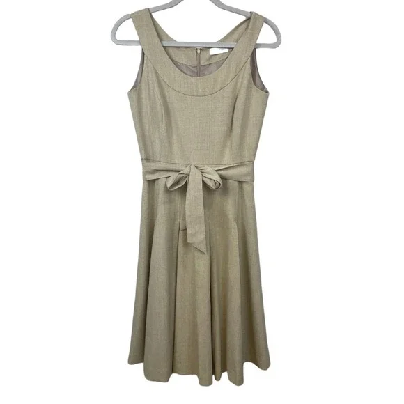 Calvin Klein Tan Woven Pleaded Front Tie Sleeveless Dress Size 4 - Picture 3 of 10
